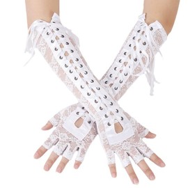 Long Lace Half Finger Gloves Women Elbow Punk Flower Ribbon Gloves for Bridal Wedding Tea Party Dance Prom Accessories (White, One size)