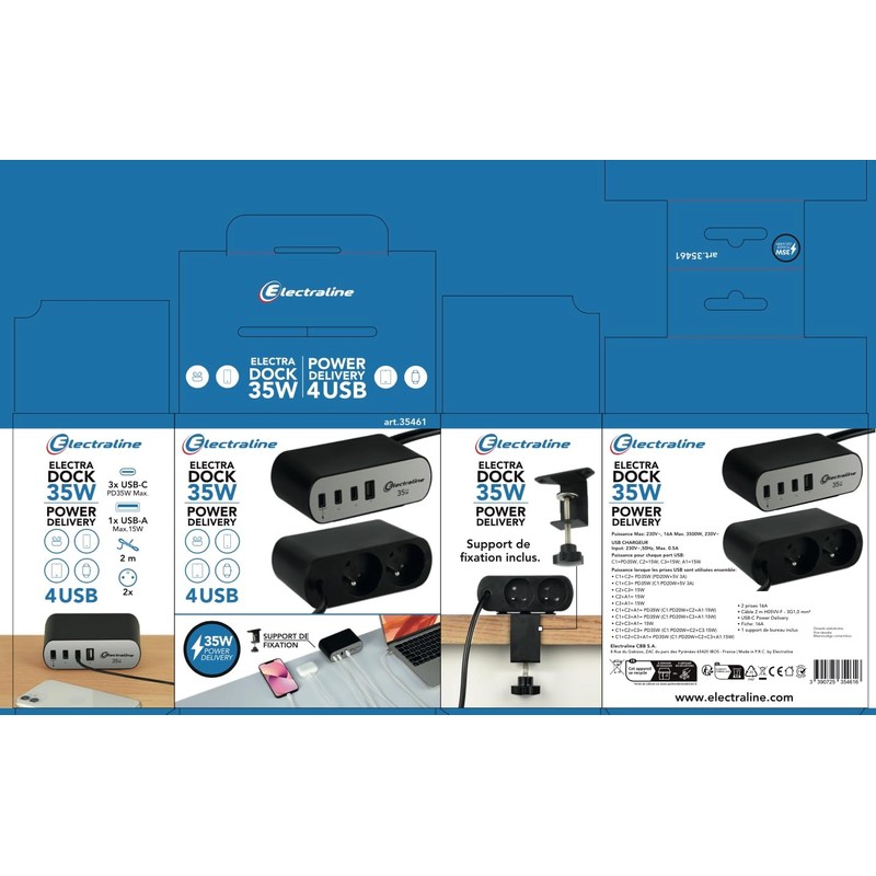 Electraline Electradock 35461 Power Strip with 2 French Sockets +