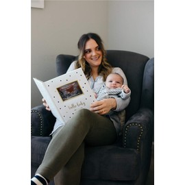 Pearhead Hello Baby First 5 Years Memory Book, Gender-Neutral Baby Keepsake for New and Expectant Parents, Pregnancy And Milestone Journal, Modern Minimalist Black and Gold Polka Dot