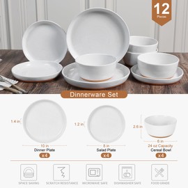 Yinshine Ceramic Dinnerware Sets for 4, 12 Pieces Porcelain Plates and Bowls Set with Rustic Terracotta Underside, Scratch Resistant Stoneware Dishes Set, Dishwasher & Microwave Safe,White(Brown)