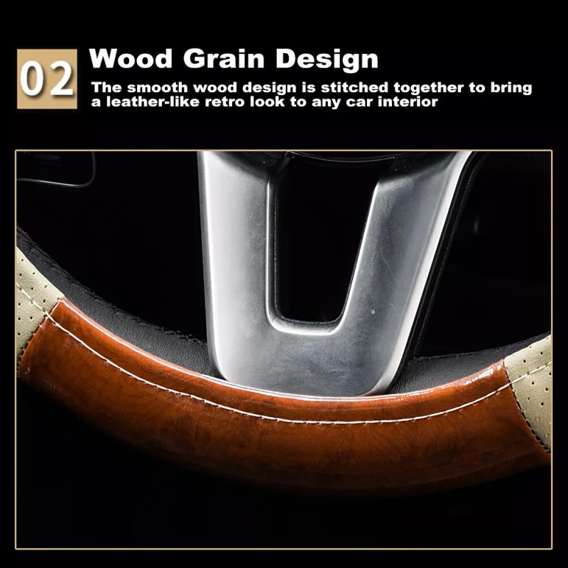 XUKEY Beige Leather Car Auto Steering Wheel Cover Wood Grain