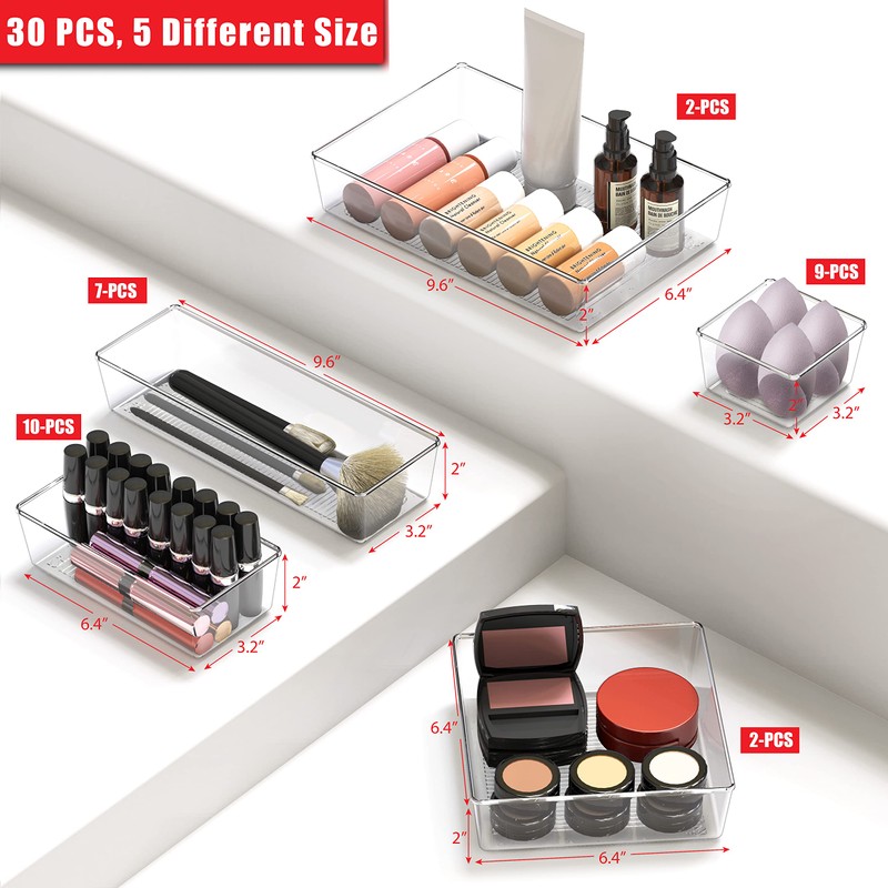 Simple Houseware 30 Pack Clear Plastic Drawer Organizers(9S, 10M, 7L,