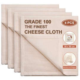 eFond 4 PCS Cheese Cloths for Straining, Precut 50X50cm, Grade 100 Muslin Cloths for Cooking Reusable Washable, 100% Unbleached Pure Cotton Hemmed Cheesecloth for Straining Butter, Nut Milk