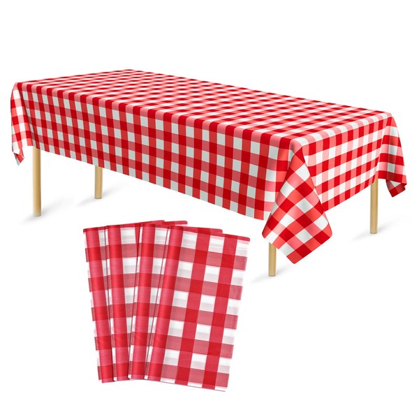 Bouiexye 4 Pack Disposable Table Cloth Red Gingham Plastic Tablecloth