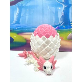 Articulated Baby Dragon with Egg, 6" 3D Printed White and Pink Axolotl Baby Dragon, Fidget Toy for Autism ADHD, Executive Desk Toy BD008-PINK-WPE