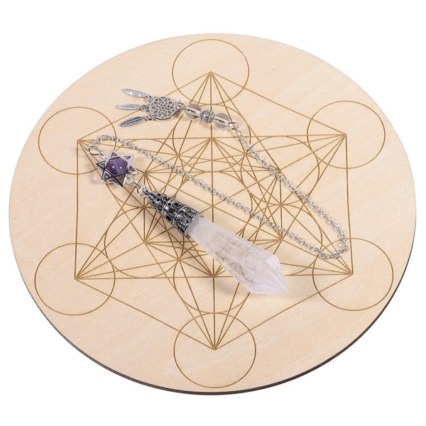 Nupuyai Healing Crystal Point Pendulum with Board, Reiki Dowsing Divination Meditation Chakra Balancing with Dream Catcher Merkaba Star Pendulum Set, Rock Quartz