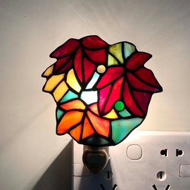 Bieye L10895 Tiffany-Style Stained Glass Maple Leaves Wall Plug Night Light - 5-Inch Wide