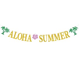 Hawaiian Aloha Summer Banner, Bunting Garlands for Hawaiian Tropical Luau Beach Summer Party Decorations Supplies, Favors Sign Photo Booth Props, Gold Glitter