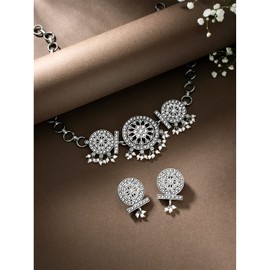 Aheli Silver Plated Beads Studded Choker Necklace & Dangle Earrings Ethnic Fashion Jewellery Set Gift for Women