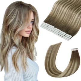 MEI YUAN LIN invisible tape in hair extensions human hair 14Inch 3/8/22 Dark Brown Fading To Brown and Blonde 20pcs 40G remy Hair Extensions PU weft yarn for Party