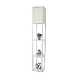 HomeStock Coastal Craftsman Floor Lamp with Etagere Organizer Shelf, 2 USB Ports, 1 Charging Outlet, and Linen Shade, Minor Assembly Required White/Single
