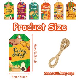 Cinco De Mayo Gift Tags 60 PCS,Mexican Fiesta Hanging Tag with String Cactus Taco Papel Guitar Skull Sombrero Jalapenos Paper Labels Thank You Tags for Mexican Themed Party Favors Presents Wrap