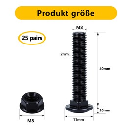 Schlossschrauben Schwarz M8 x 40 mm Pack of 25 Carriage Bolts 304 Flat Head Screws Black Oxide A2 with Flange Nuts M8 Nut DIN Hexagon Socket Full Thread Hex Screw for Furniture, Furniture Screws