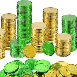 DINESIL St. Patrick's Day Gold Coins, 120 Pieces Gold Green Lucky Coins Plastic Shamrock Leprechaun Coins, 3-Leaf Clover Coin Table Scatter Decoration for St. Patrick's Day Party Favors