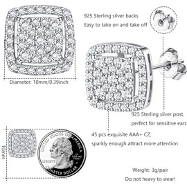 Morfetto Mens Earrings Studs Men's Earrings Sterling Silver Stud Earrings for Men Iced Out Earrings Mens Square Earrings Cubic Zirconia Simulated Diamond Stud Earrings for Men Silver