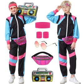TIMSOPHIA 80s Tracksuit for Kids, 90s Outfits Boys Girls Hip Hop Dance Costume for Retro Theme Party, Colorblock Jacket, Black, 5-6 years
