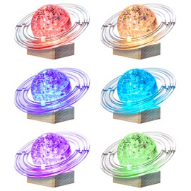 3D Crystal Puzzle, 40PCS Saturn Assembly Brain Teaser with Light-Up Wood Base, Plastic Saturn DIY Puzzle Blocks 3D Model Toy for Kid 14+ (White)