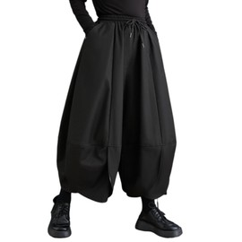 ellazhu Women's Puffy Drawstring Elastic Waist Drop Crotch Hakama Harem Wide Leg Pants GZ81 Black L