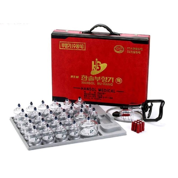 Hansol Professional Cupping Therapy Equipment 30 Cups Set with pumping handle and Extension Tube & English Manual (Made in Korea)