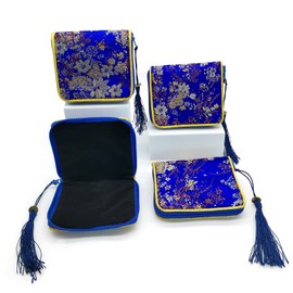 4pc Zipper Jewelry Pouches Brocade Cosmetic Bags Embroidered Coin Purses Wallets for Women - Deep Blue