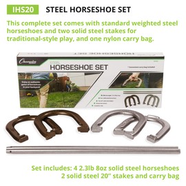 Champion Sports IHS20 Classic Horseshoe Set, Four Professional Solid Steel Horseshoes with Solid Steel Stakes & Carrying Storage Bag