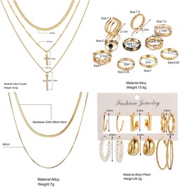 CONGYING 65 Pcs Gold Jewelry Set with 6Pcs Layered Necklace, 11 Pcs anklet and 7Pcs Earring Ear Cuff,11Hoop Earrings,15pcs Rings,15pcs stud earrings Jewerly set for Women Gift