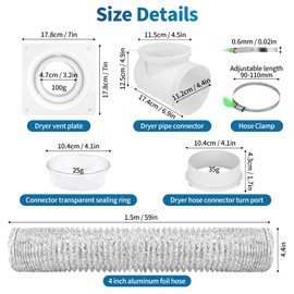 90 Degree Dryer Vent Connector Kit, Dryer Vent Elbow, Space Saving Dryer Vent, Dryer Vent Wall Plate, Dryer Vent for 4 Inch Dryer Hose in Confined Spaces, Dryer Vent Hose Kit