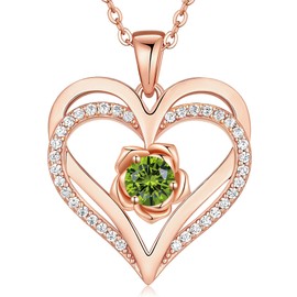 CDE Rose Flower Love Heart Birthstone Necklaces for Women 925 Sterling Silver Rose Gold Jewelry for Wife Girlfriend Mom Daughter Lady Her for Anniversary Birthday Christmas Gift (Rose Gold-08-Aug.)