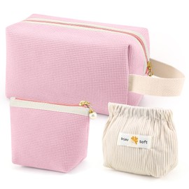 Boobeen Cord Makeup Bag for Purse Travel 3 Pieces Portable Cute Cosmetic Bag Organiser for Women and Girls, Large and Small Makeup Storage Bag with Zip, pink