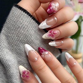 24Pcs Red Flower Press on Nails Medium Almond Fake Nails White French Tip False Nails with Pearl Gems Design Handmade Artificial Nails Full Cover Glue on Nails Spring Summer Stick on Nails for Women