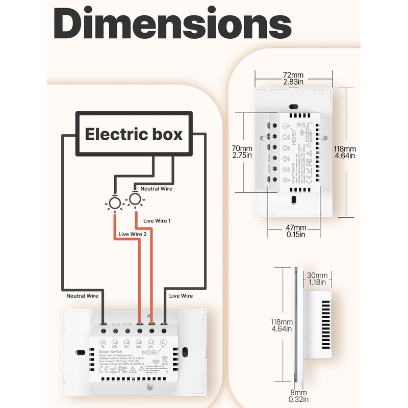 MOES Matter Smart Touch Wall Light Switch, Glass Panel Wi-Fi