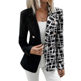 WDIRARA Women's Geometric Pattern Two Tone Button Down Wrap Knitted Lapel Long Sleeve Casual Blazer Black and White S