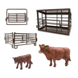 Little Buster Barn Collection - Red Angus Cow & Calf, Metal Barn with Gate & Panels