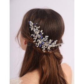 Teyglen Bride Wedding Rhinestone Hair Comb Bridal Crystal Headpiece Blue Crystal Wedding Headband with Comb Handmade Leaf Hair Piece Hair Accessories for Women Girls (Blue)