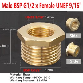 Brass Faucet Adapter, Pipe Fitting, Converter EU G1/2 Thread to US 9/16-24 UNEF Thread Connector (Male G1/2 x Female 14mm)