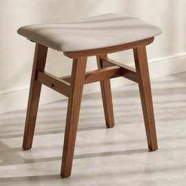 Muwuele Solid Wood Vanity Stool, Compact Makeup Chair with Saddle Cushion, Linen-Covered High Rebound Sponge Seat, Easy Assembly Footstool for Bedroom, Entryway, Home, Walnut