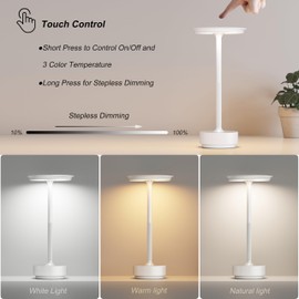 TBBGA 2 Pack Rechargeable Cordless Table Lamps, Portable 5000mAh Outdoor Table Light, 3 Color Stepless Dimming LED Table Lamp with Memory Function, for Home/Dinner/Patio/Restaurant.(White)