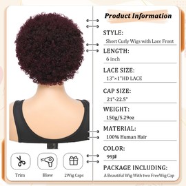 Aguacor Short Curly Human Hair Wigs for Women 6 Inch 13×1 HD Lace Front Kinky Curly Dark Red Human Hair Wigs for Women Daily Use (99J#, 6 Inch)