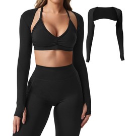 YEOREO Women Crop Top Long Sleeve Bolero Open Front Workout Cropped Shirts Sports Shrug Black L