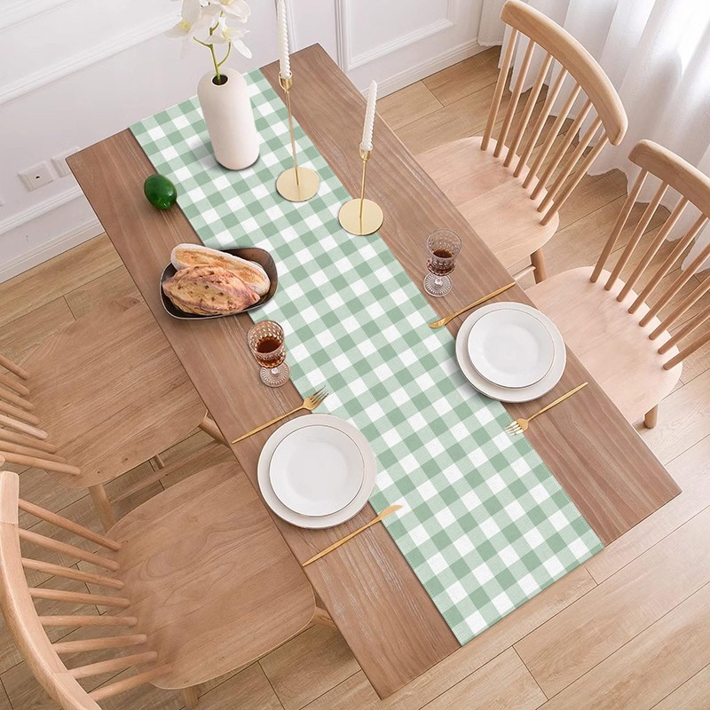Sage Green Gingham Party Table Runner Green and White Checkered