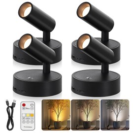 TaoFiaCo Spotlight Indoor, Wireless Uplighting Indoor with Remote Dimmable, 350° Rotate, Battery Powered Ceiling Spotlight for Artwork Painting Tree Plant Picture Lights, 4 Pack