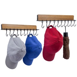 MyGift Premium Acacia Solid Wood and Matte Black Metal Wall Mounted Hat Holder Rack, Hanging Baseball Cap Organizer with Removable Hanger Hooks, Set of 2