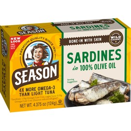 Season Sardines in Olive Oil - Wild Caught, 22g of Protein, Keto Snacks, More Omega 3's Than Tuna, Kosher, High in Calcium, Canned Sardines - 4.37 Oz Tins, 12-Pack