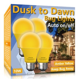 Gonhom Dusk to Dawn Bug Light Bulb Outdoor,4 Pack Amber Bug Light Bulb,Auto On/Off,10W(100W Equivalent),E26 Base,Bug Lights for Outside.Home Hallway Porch Lights.Decorative Lamps.Bedroom