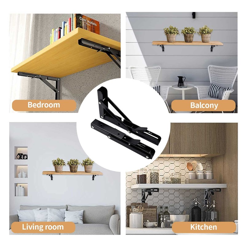 Folding Black Shelf Bracket, 10-inch Brackets for Shelves, Wall-Mounted Foldable