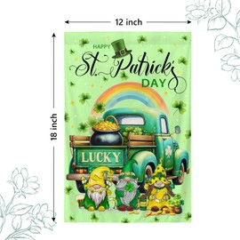 St Patrick's Day Garden Flag 12 x 18 Inch Lucky Shamrocks Truck Gnome Garden Flag Double Sided Polyester for St Patrick's Garden Yard House Decorative Flags