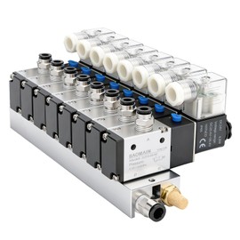 BAOMAIN 8-Station Pneumatic Solenoid Valve Manifold Kit, 2 Position 3 Way 3V210-08 DC 24V Normally Closed with Base, Mufflers & Quick Fittings for Industrial Automation