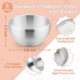 E-far Stainless Steel Bowls for Kids-6 Pack, 12OZ Double Walled Baby Toddler Bowls for Baby Food/Cereal/Snack, 18/10 Non-Toxic Metal & Unbreakable, Dishwasher Safe