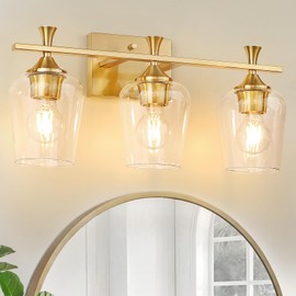 3 Light Bathroom Vanity Light Fixtures,Modern Brushed Gold Vanity Lights with High Clear Wine Glass Bathroom Lighting Over Mirror Wall Lamp for Kitchen Living Room Hallway Cabinet Porch