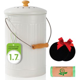TreaHome Compost Bin, 1.7 Gallon Kitchen Compost Bin, Indoor Countertop Compost Bin, White Countertop Compost Bin with Lid, 100% Rust Proof Compost Bucket with Non-Smell Charcoal Filters (White)